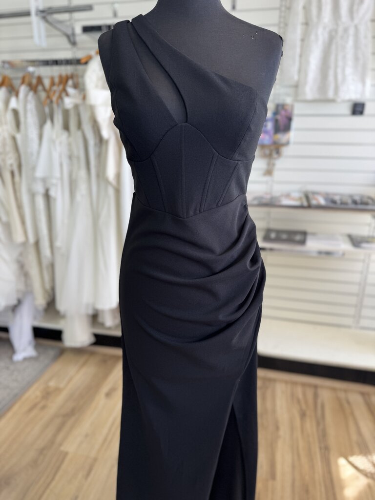 Minuet Black Corset Detail One Shoulder Long Formal Dress Medium