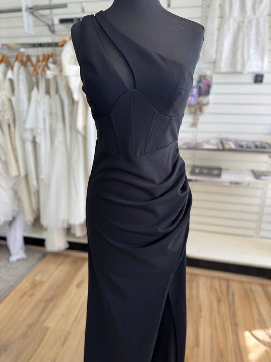 Minuet Black Corset Detail One Shoulder Long Formal Dress Medium