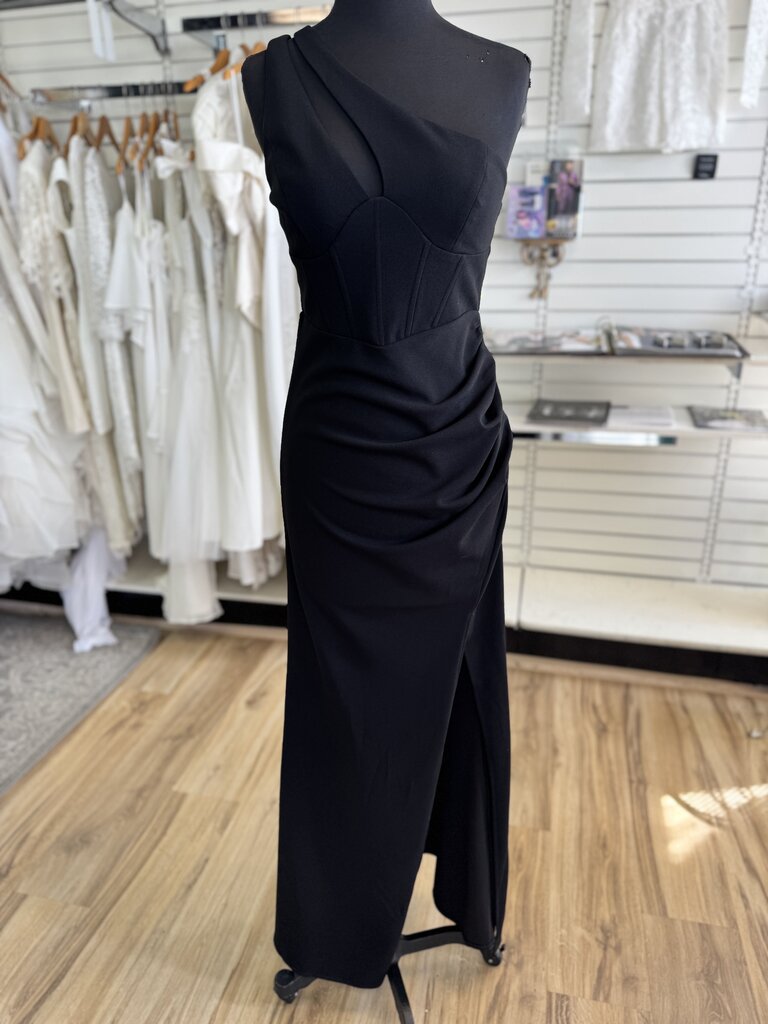 Minuet Black Corset Detail One Shoulder Long Formal Dress Medium