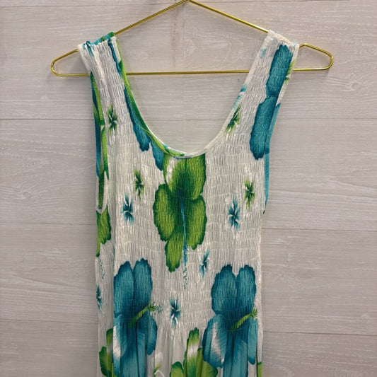 Karan White/ Green/ Blue Tropical Flower Smocked Top Dress Small