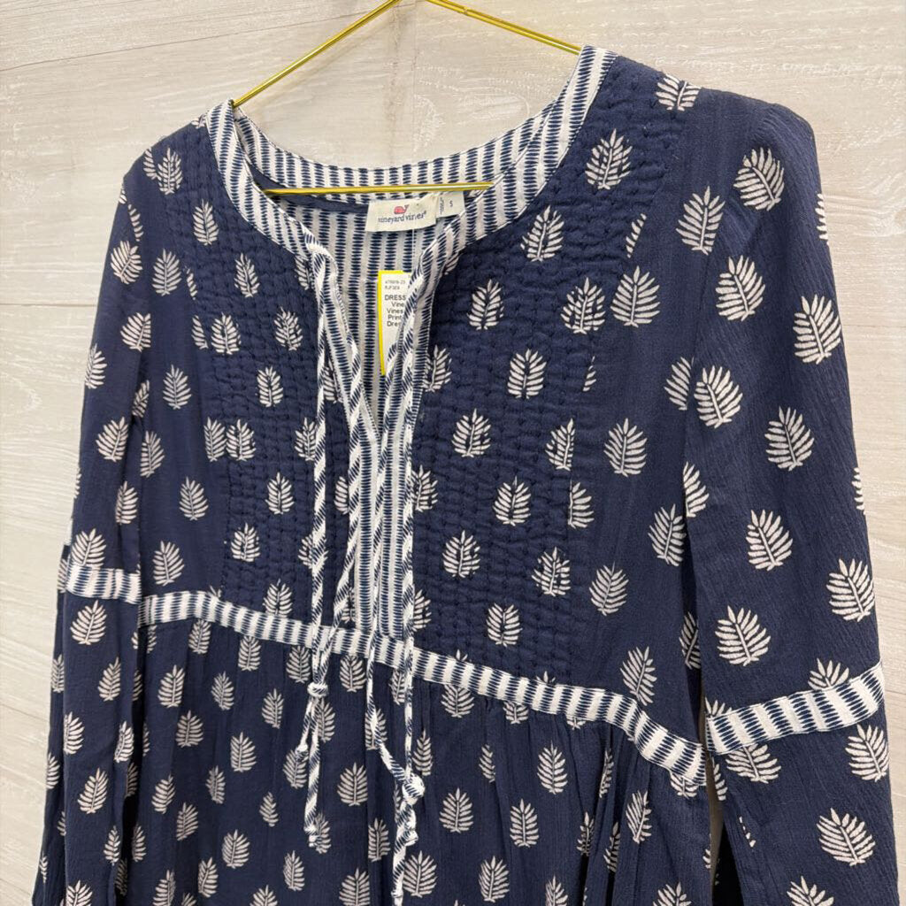 Vineyard Vines Navy/ White Print Long Sleeve Dress Small
