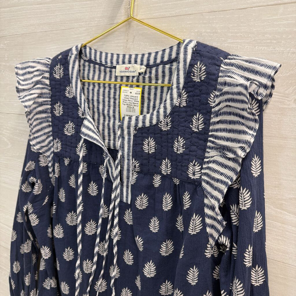 Vineyard Vines Navy/ White Print Long Sleeve Top Medium