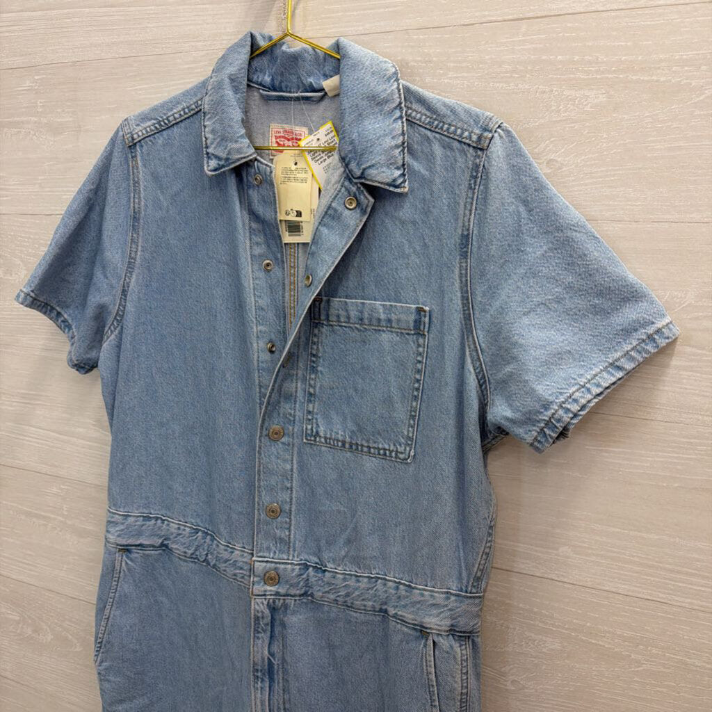 Levi Light Wash Short Sleeve Snap Front Denim Jumpsuit Large