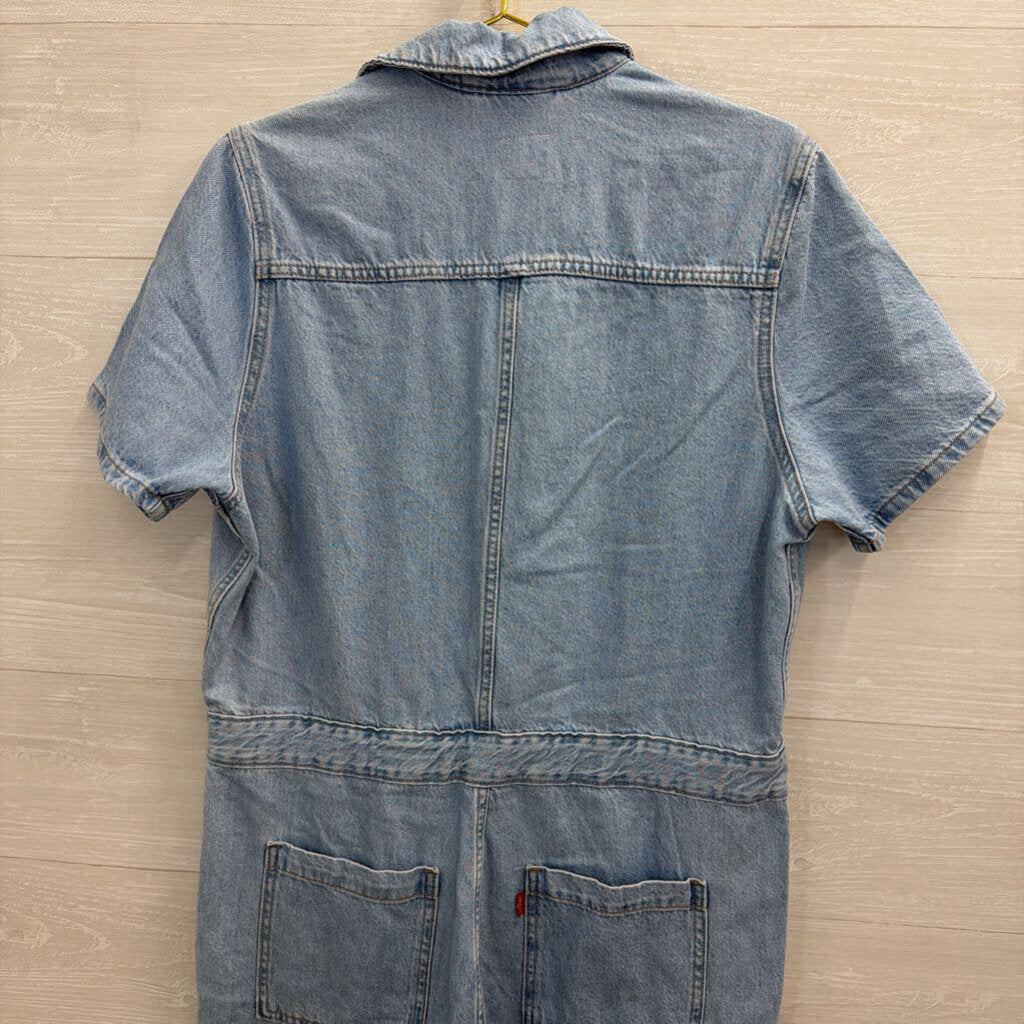 Levi Light Wash Short Sleeve Snap Front Denim Jumpsuit Large