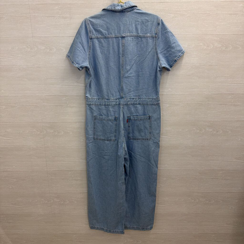 Levi Light Wash Short Sleeve Snap Front Denim Jumpsuit Large