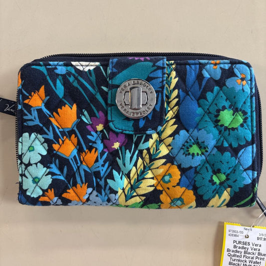 Vera Bradley Black/ Blue Quilted Floral Print Turnlock Wallet