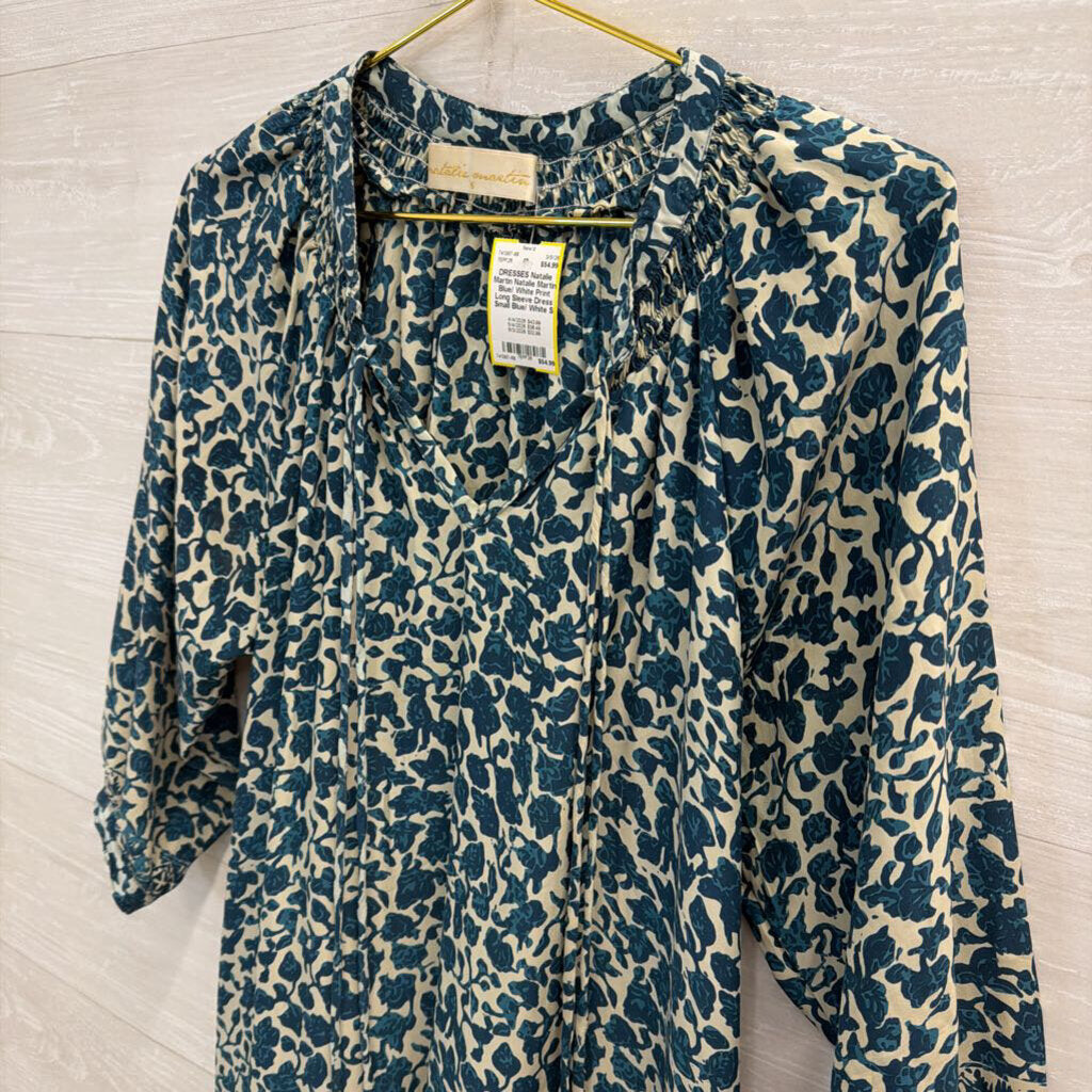 Natalie Martin Blue/ White Print Long Sleeve Dress Small