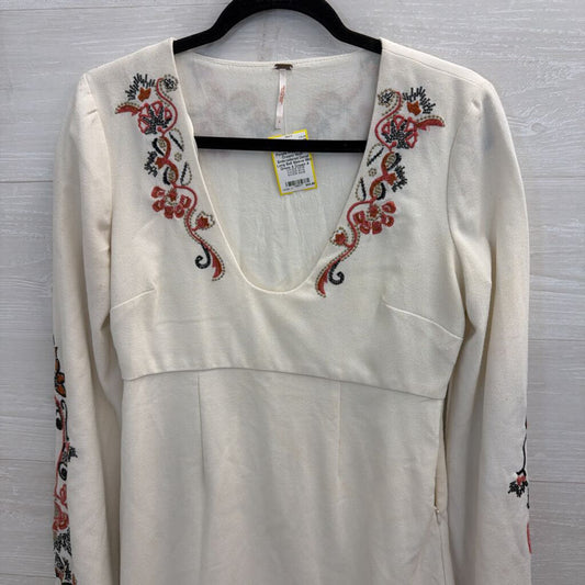 Free People Cream/ Multi Embroidered Detail Long Bell Sleeve Mini Dress 4