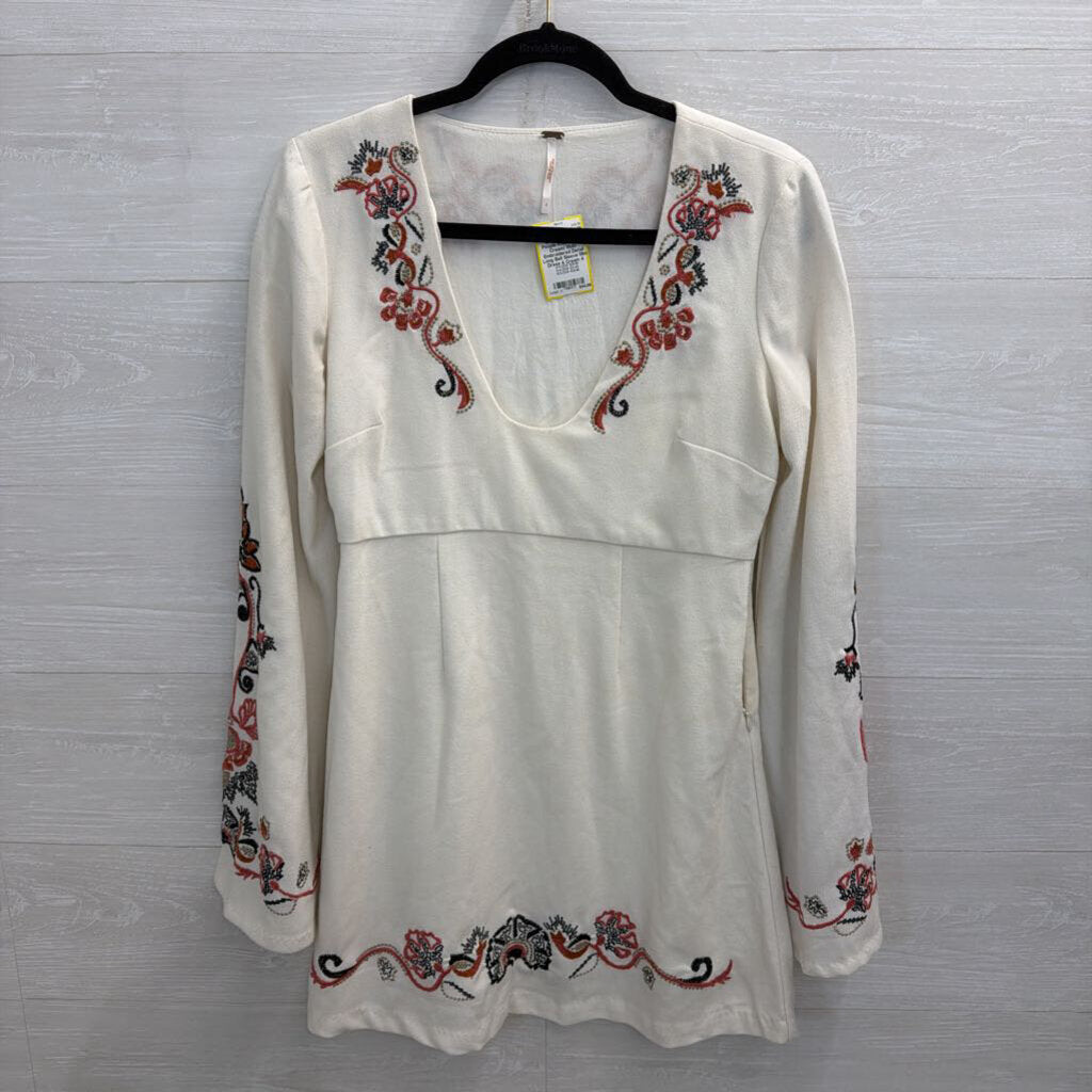 Free People Cream/ Multi Embroidered Detail Long Bell Sleeve Mini Dress 4