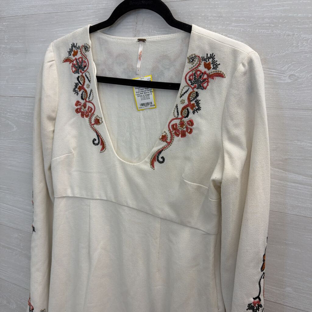 Free People Cream/ Multi Embroidered Detail Long Bell Sleeve Mini Dress 4