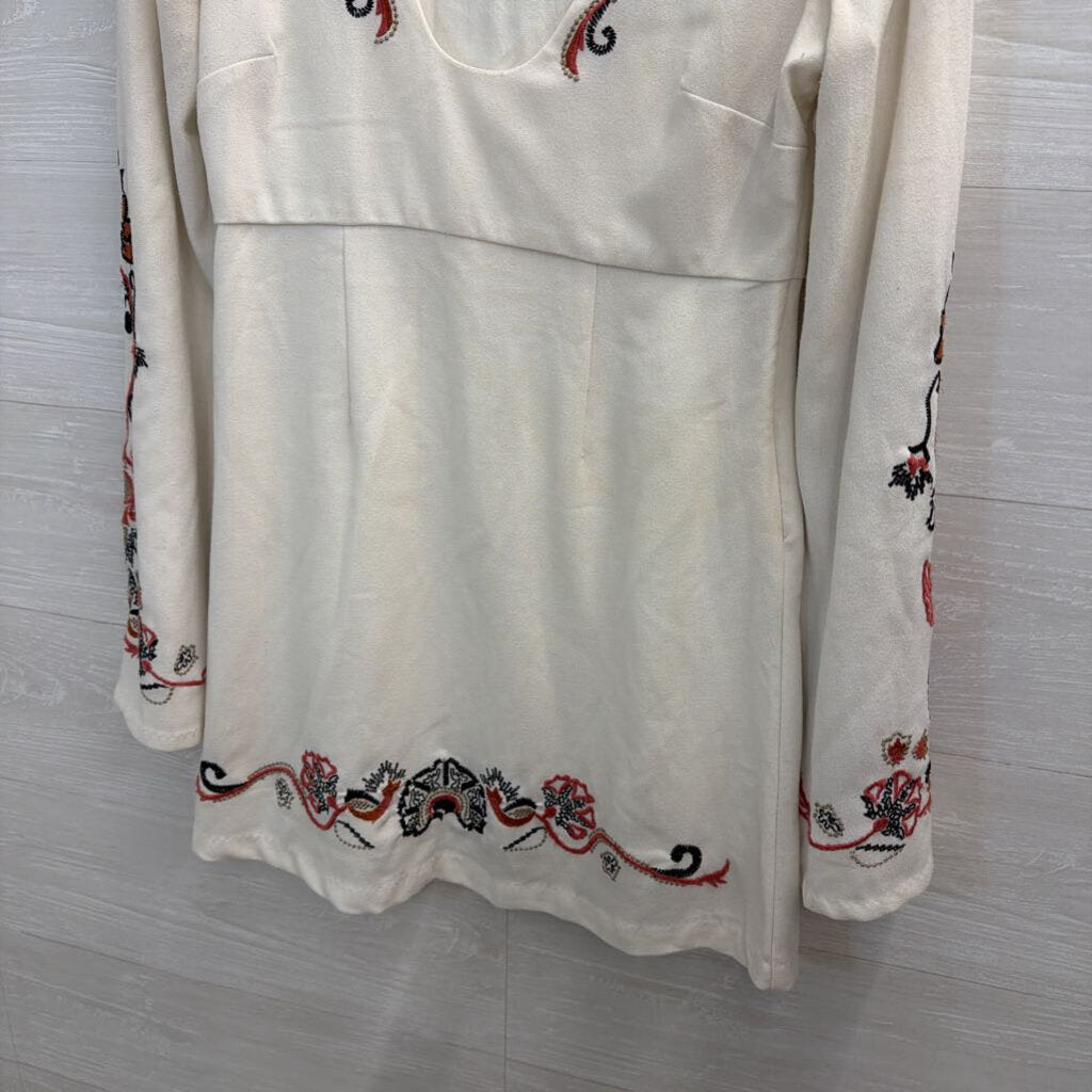 Free People Cream/ Multi Embroidered Detail Long Bell Sleeve Mini Dress 4