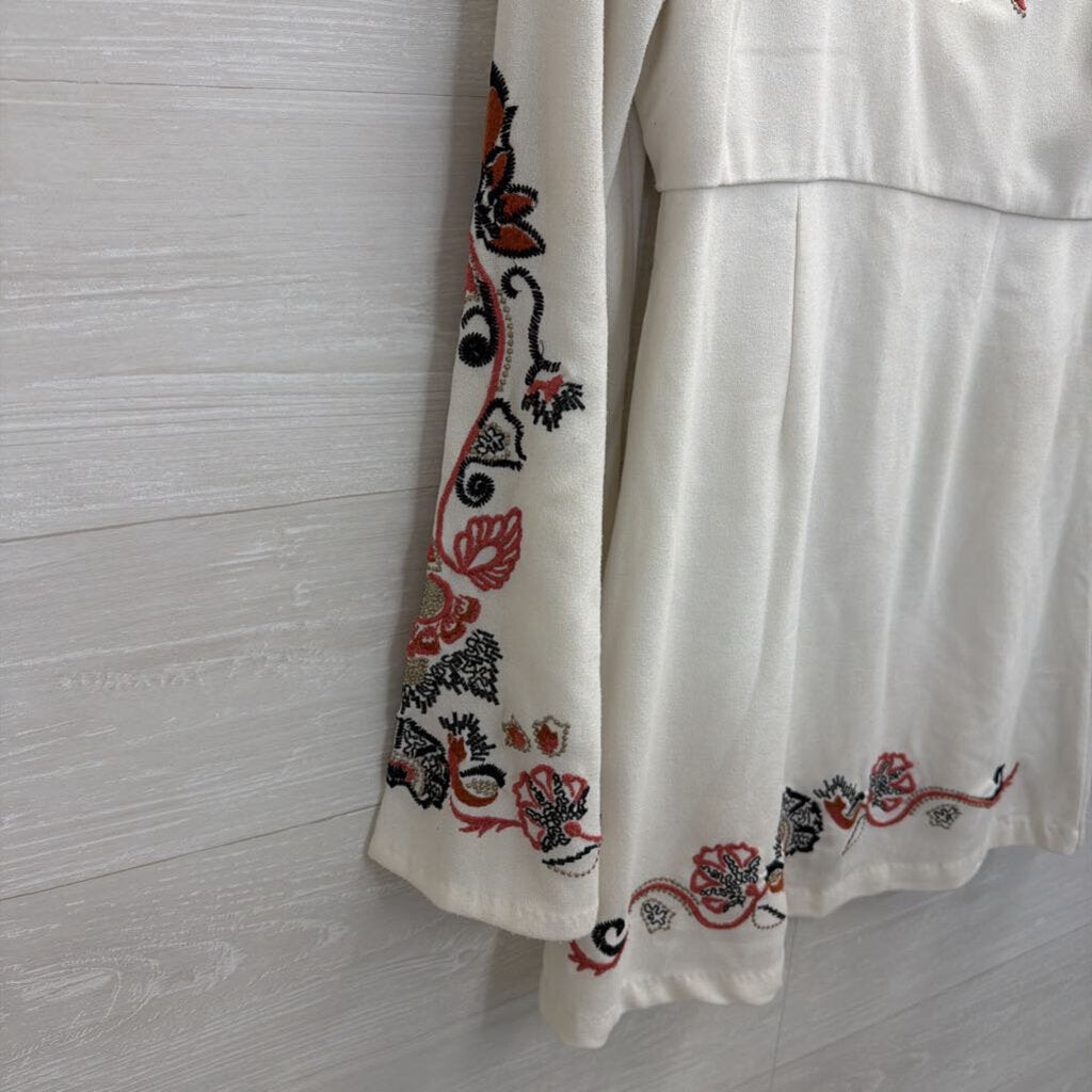 Free People Cream/ Multi Embroidered Detail Long Bell Sleeve Mini Dress 4