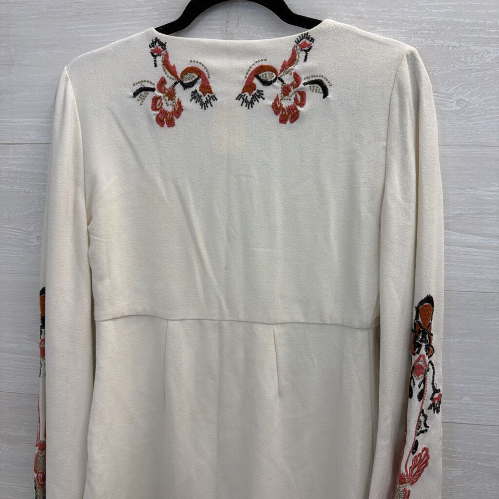 Free People Cream/ Multi Embroidered Detail Long Bell Sleeve Mini Dress 4