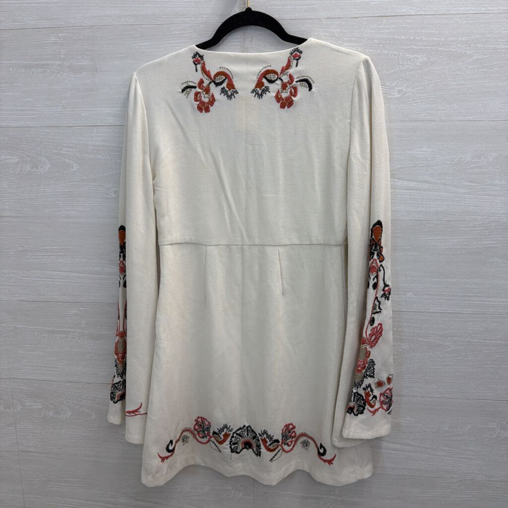 Free People Cream/ Multi Embroidered Detail Long Bell Sleeve Mini Dress 4