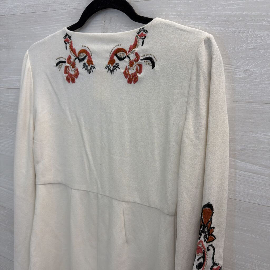 Free People Cream/ Multi Embroidered Detail Long Bell Sleeve Mini Dress 4