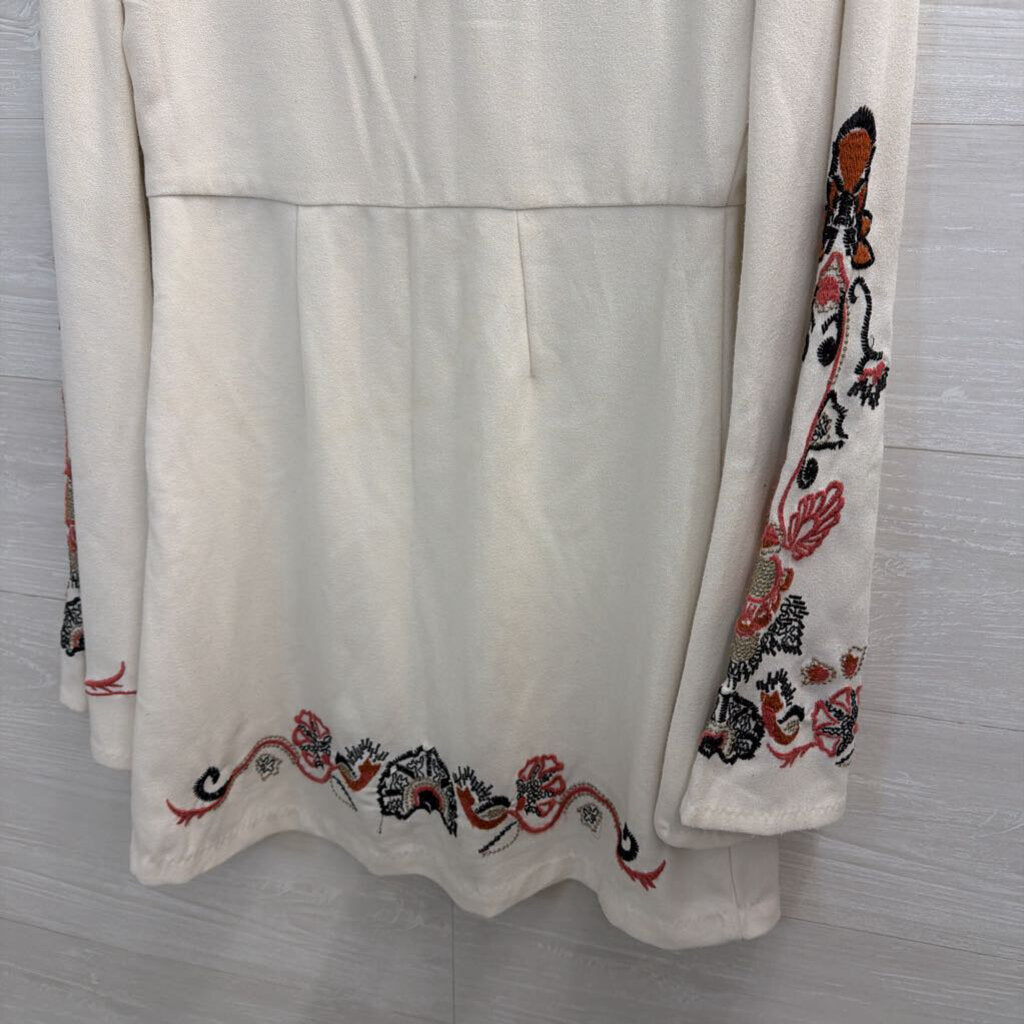 Free People Cream/ Multi Embroidered Detail Long Bell Sleeve Mini Dress 4