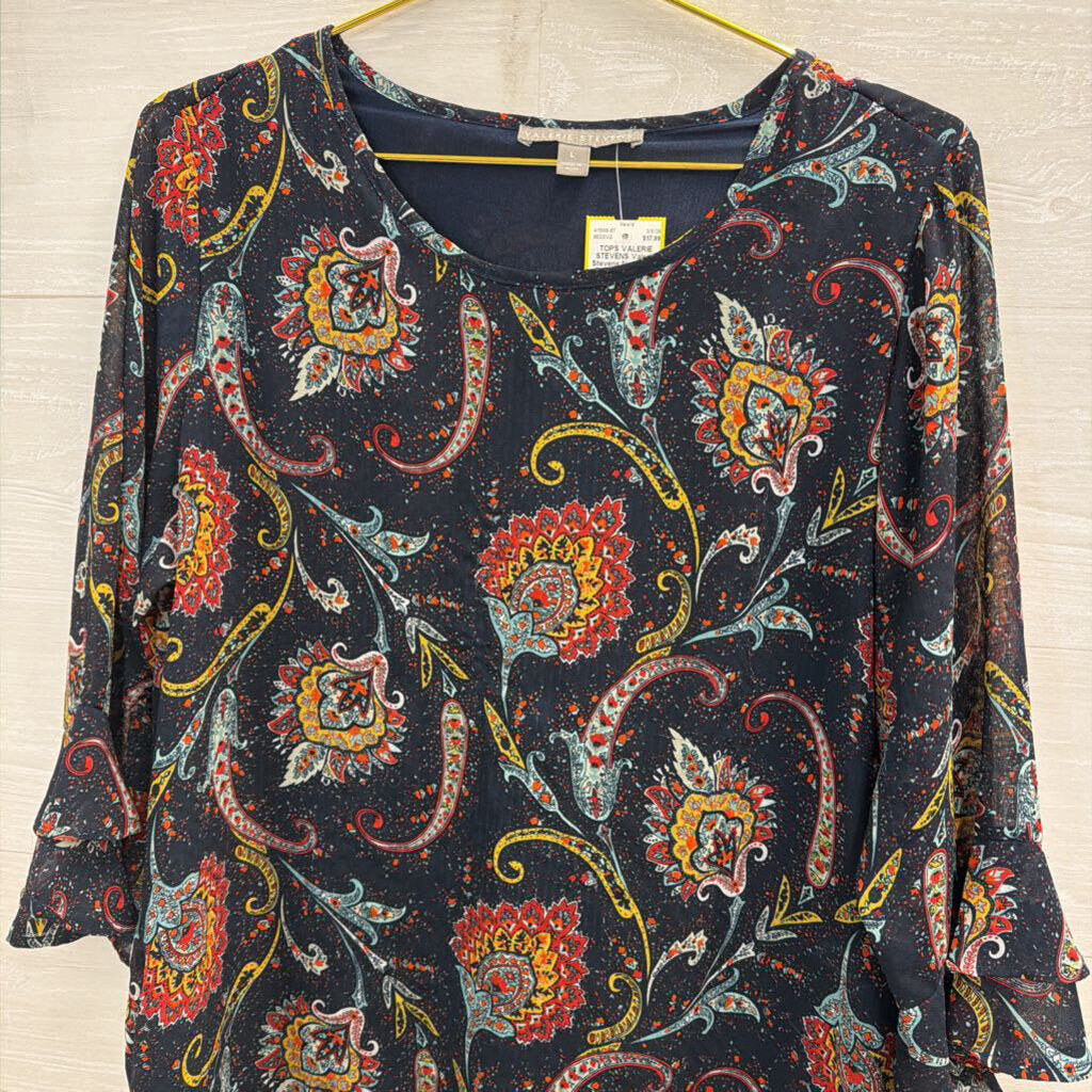 Valerie Stevens Navy/ Multi Print Long Sleeve Top Large