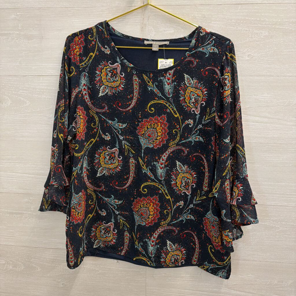 Valerie Stevens Navy/ Multi Print Long Sleeve Top Large