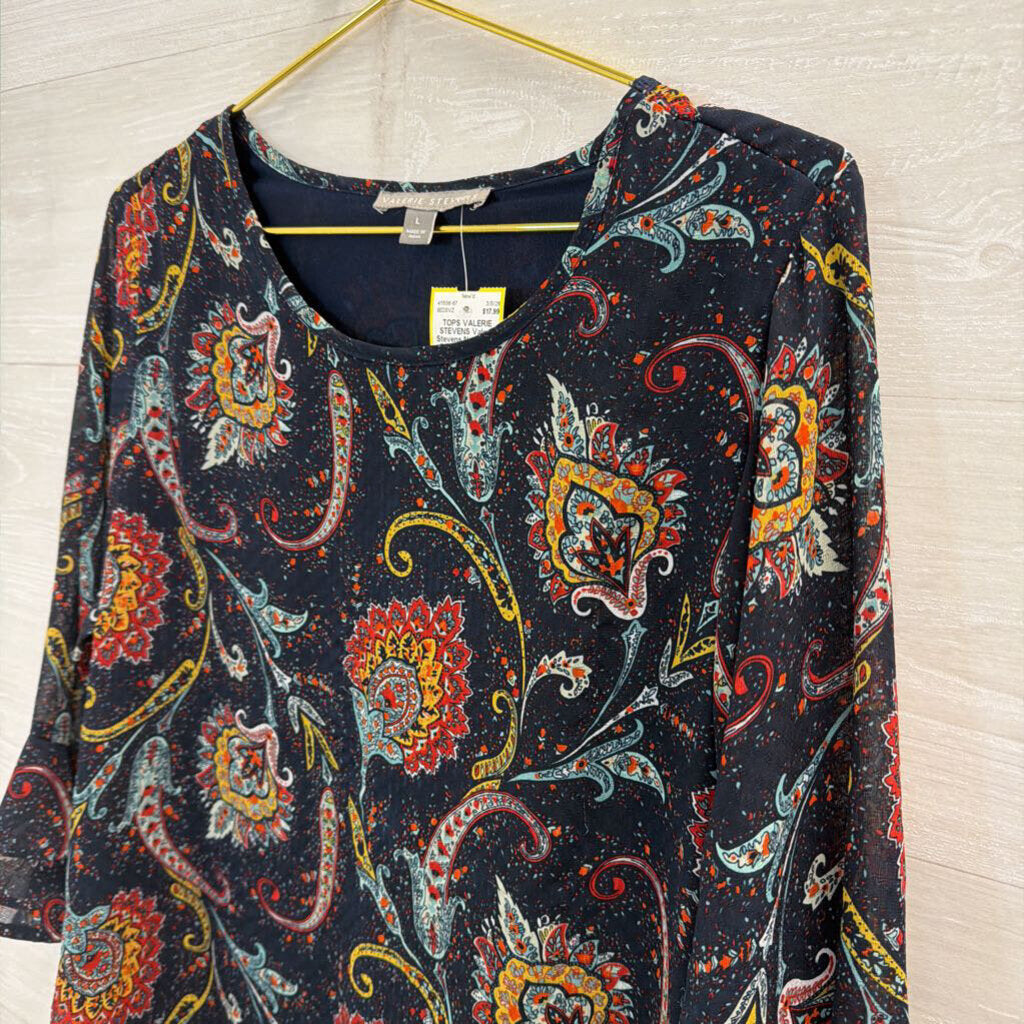 Valerie Stevens Navy/ Multi Print Long Sleeve Top Large