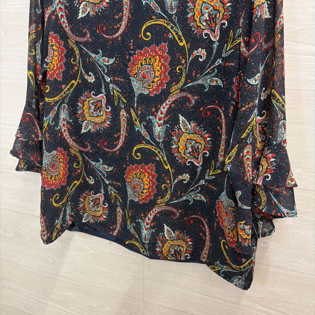Valerie Stevens Navy/ Multi Print Long Sleeve Top Large