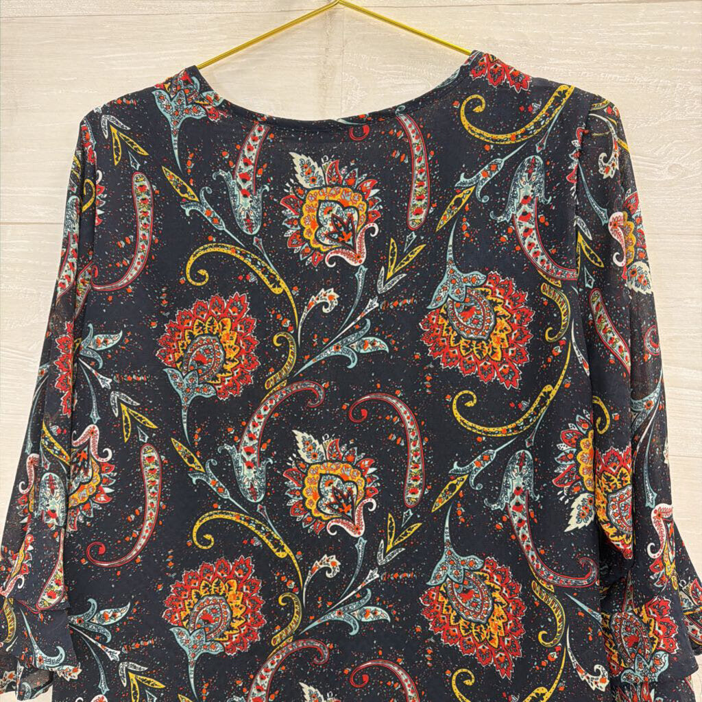Valerie Stevens Navy/ Multi Print Long Sleeve Top Large