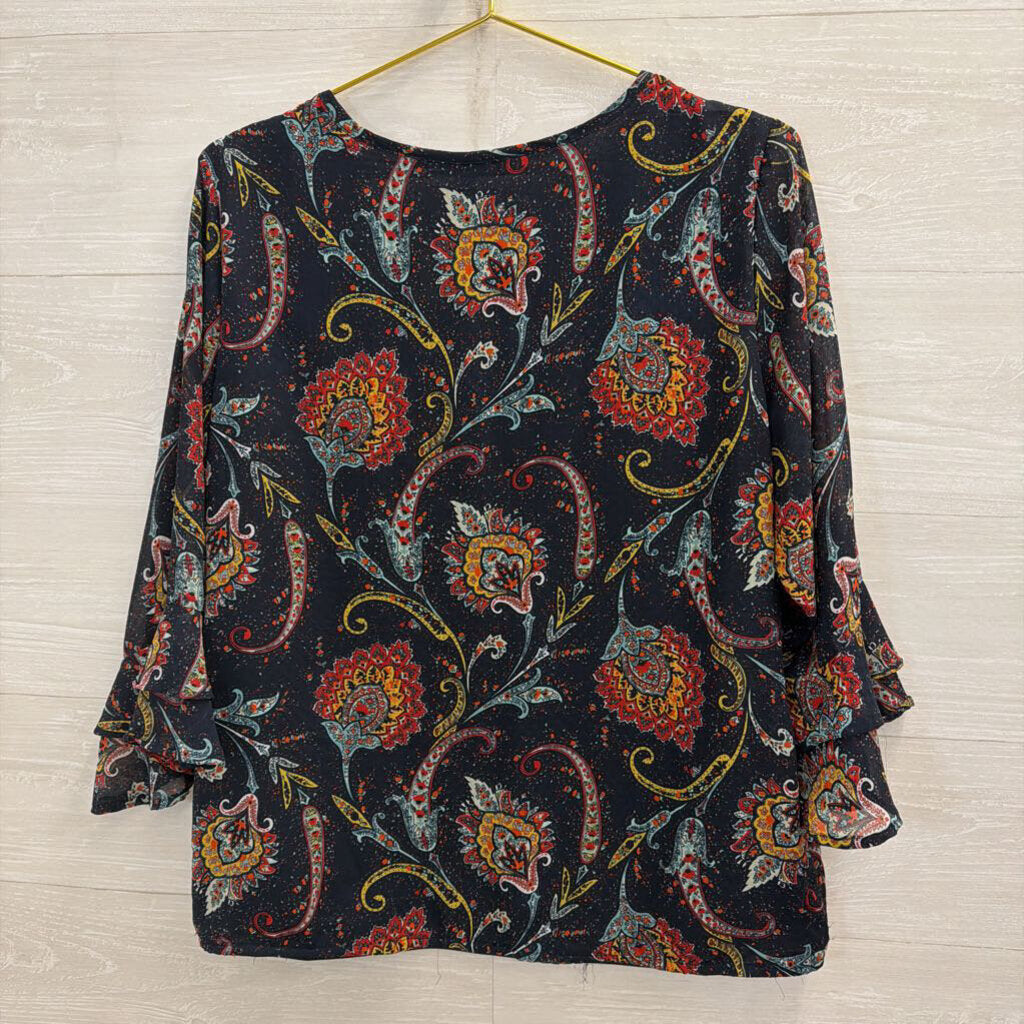 Valerie Stevens Navy/ Multi Print Long Sleeve Top Large