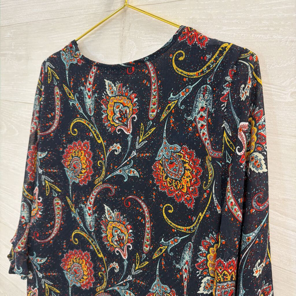 Valerie Stevens Navy/ Multi Print Long Sleeve Top Large