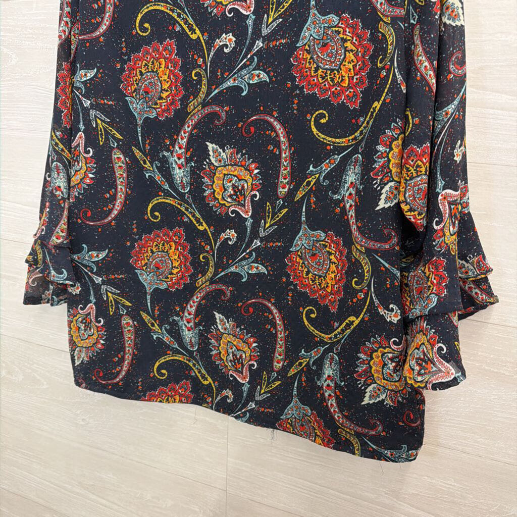 Valerie Stevens Navy/ Multi Print Long Sleeve Top Large