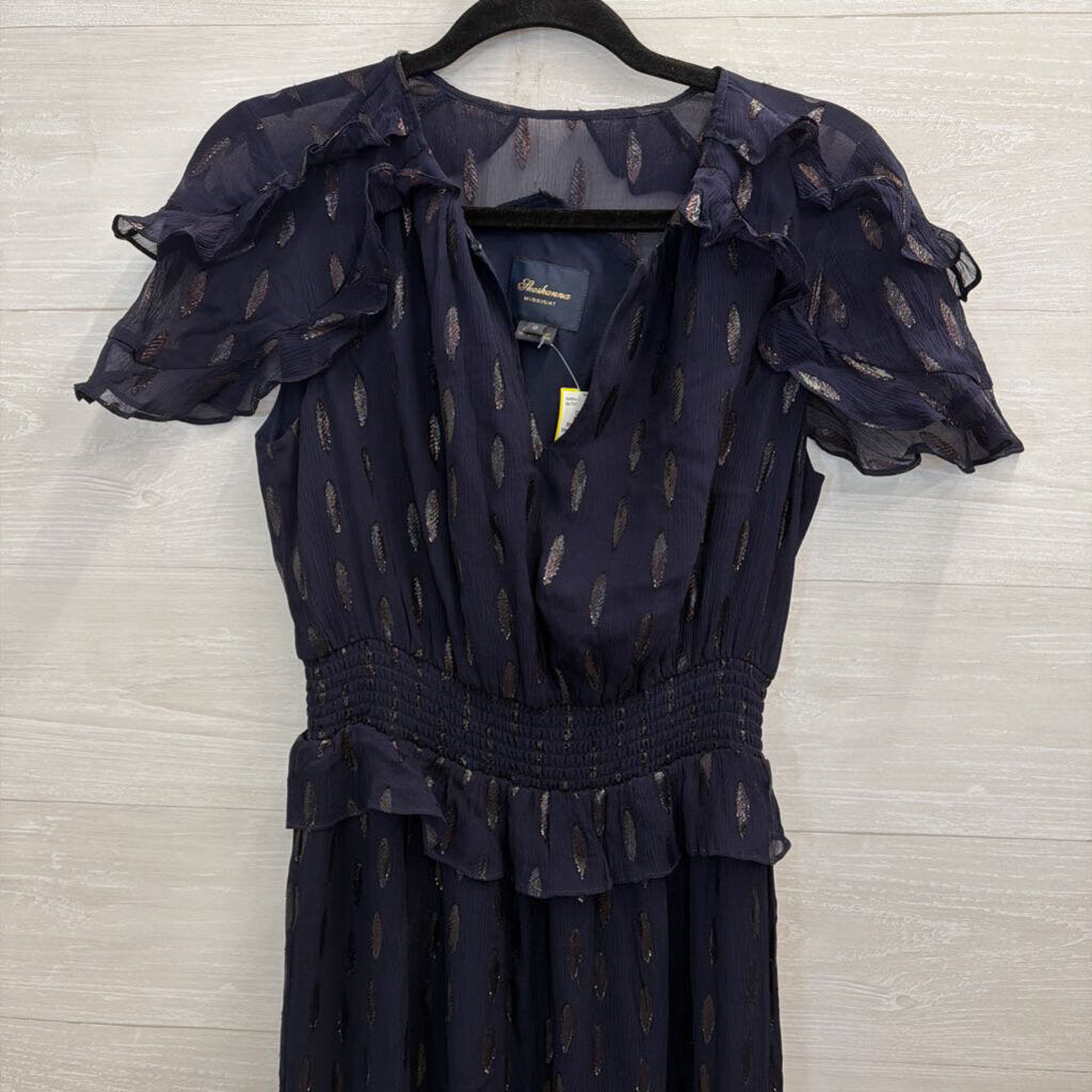 Shoshanna Navy Metallic Fleck Ruffle Trim Short Sleeve Maxi Dress 6