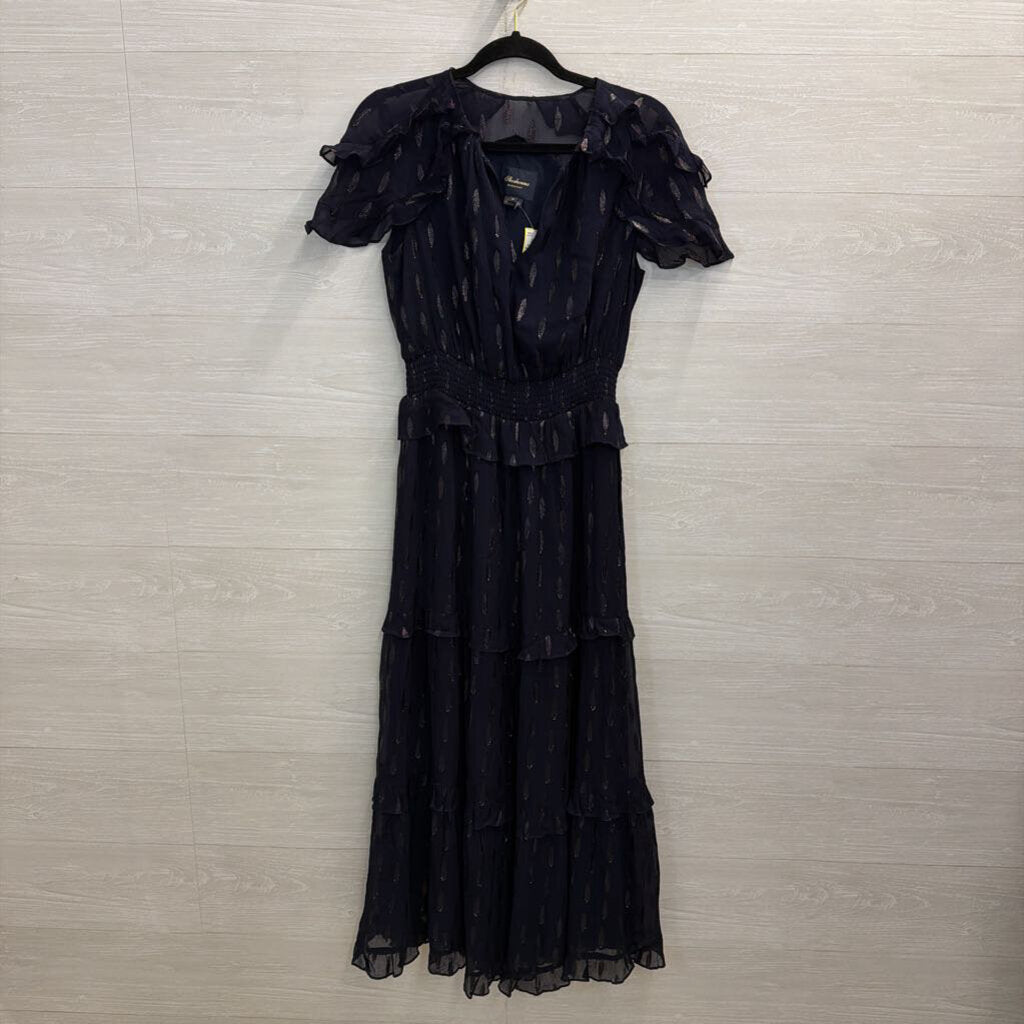 Shoshanna Navy Metallic Fleck Ruffle Trim Short Sleeve Maxi Dress 6