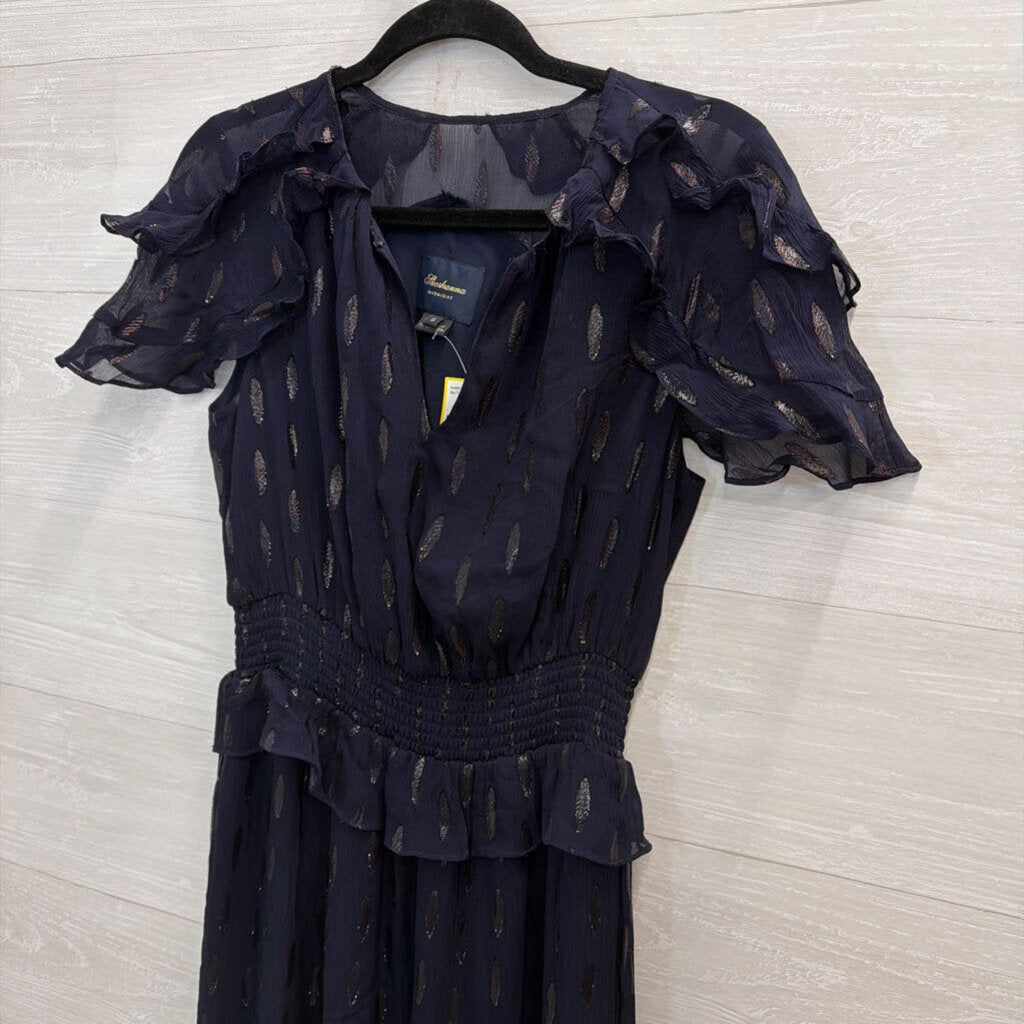 Shoshanna Navy Metallic Fleck Ruffle Trim Short Sleeve Maxi Dress 6