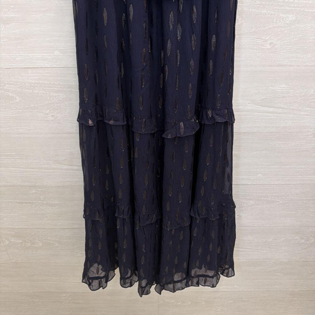 Shoshanna Navy Metallic Fleck Ruffle Trim Short Sleeve Maxi Dress 6