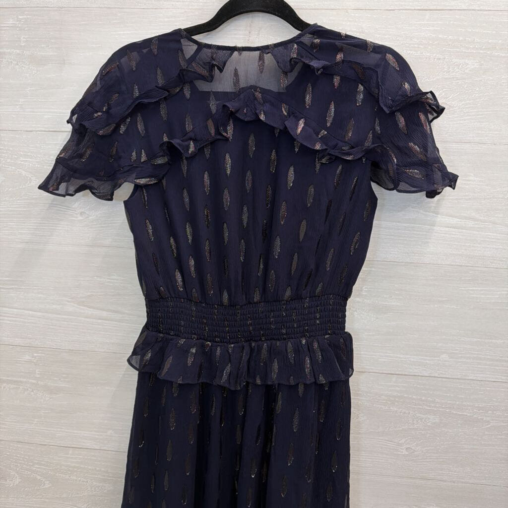 Shoshanna Navy Metallic Fleck Ruffle Trim Short Sleeve Maxi Dress 6