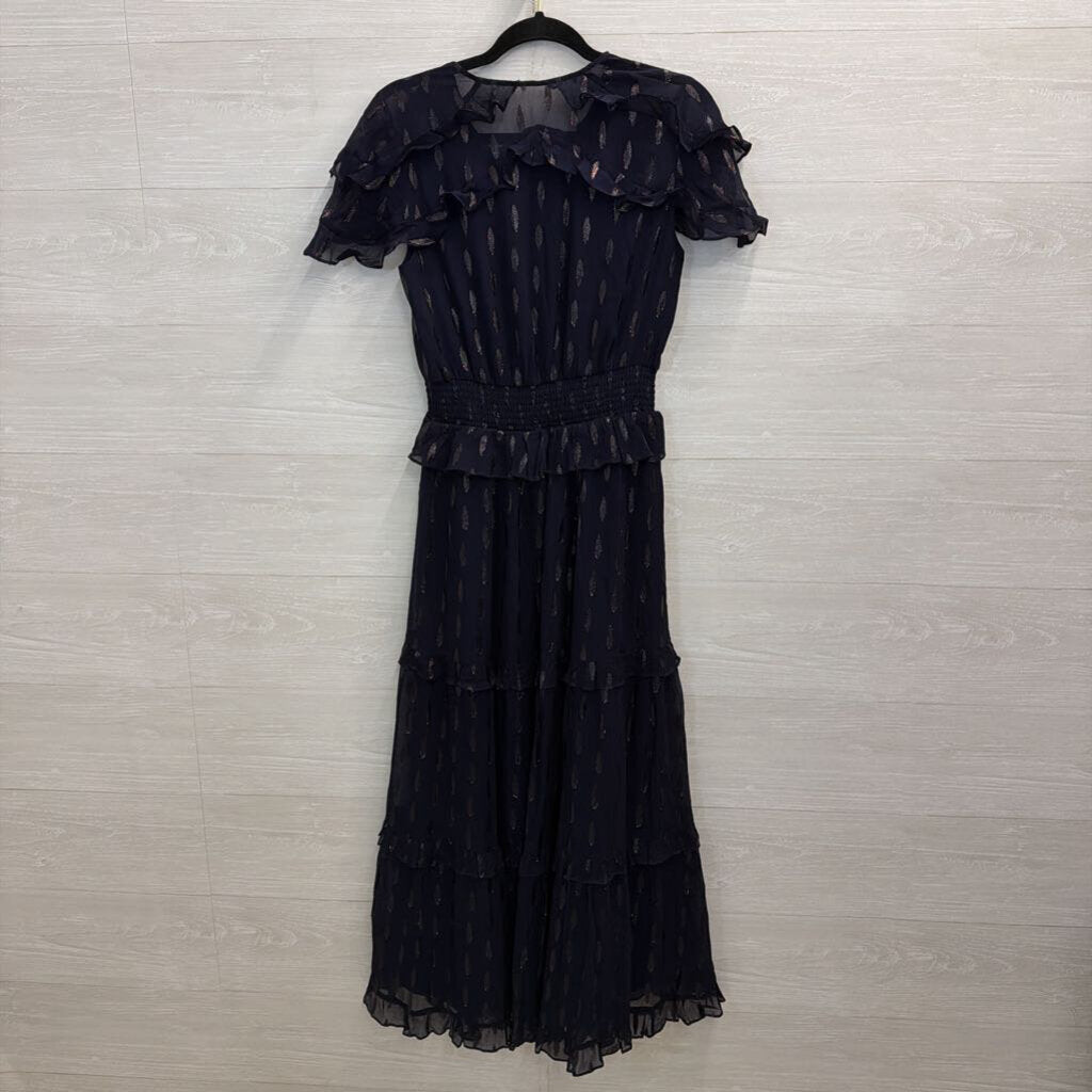 Shoshanna Navy Metallic Fleck Ruffle Trim Short Sleeve Maxi Dress 6