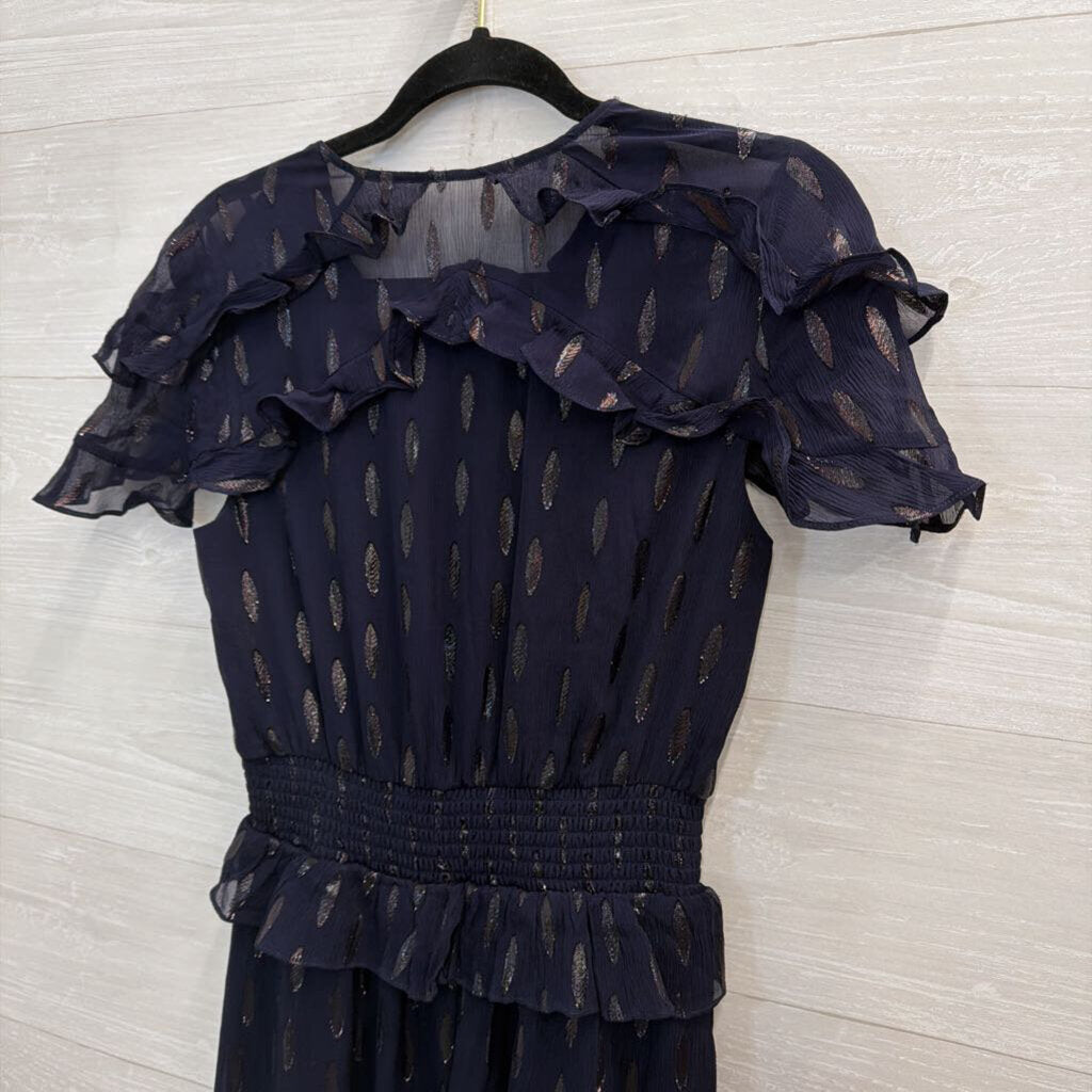 Shoshanna Navy Metallic Fleck Ruffle Trim Short Sleeve Maxi Dress 6