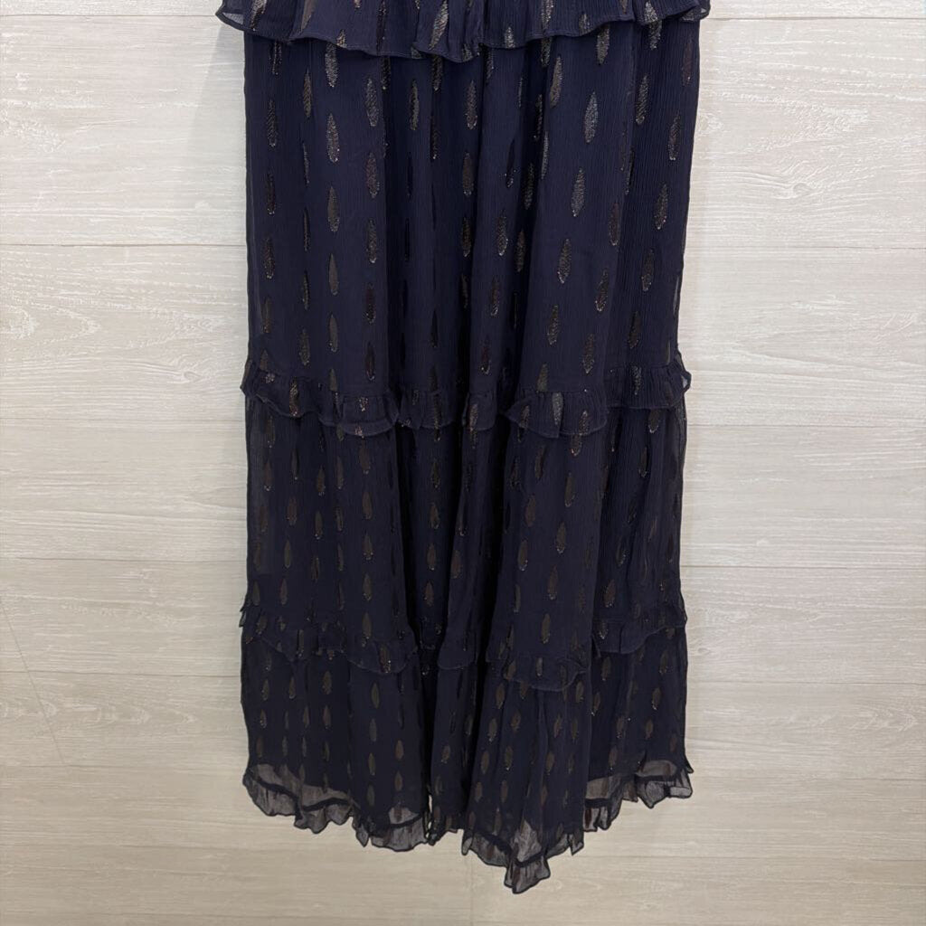 Shoshanna Navy Metallic Fleck Ruffle Trim Short Sleeve Maxi Dress 6