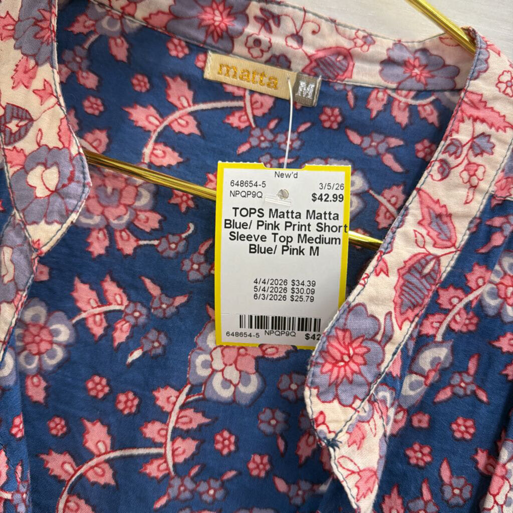 Matta Blue/ Pink Print Short Sleeve Top Medium