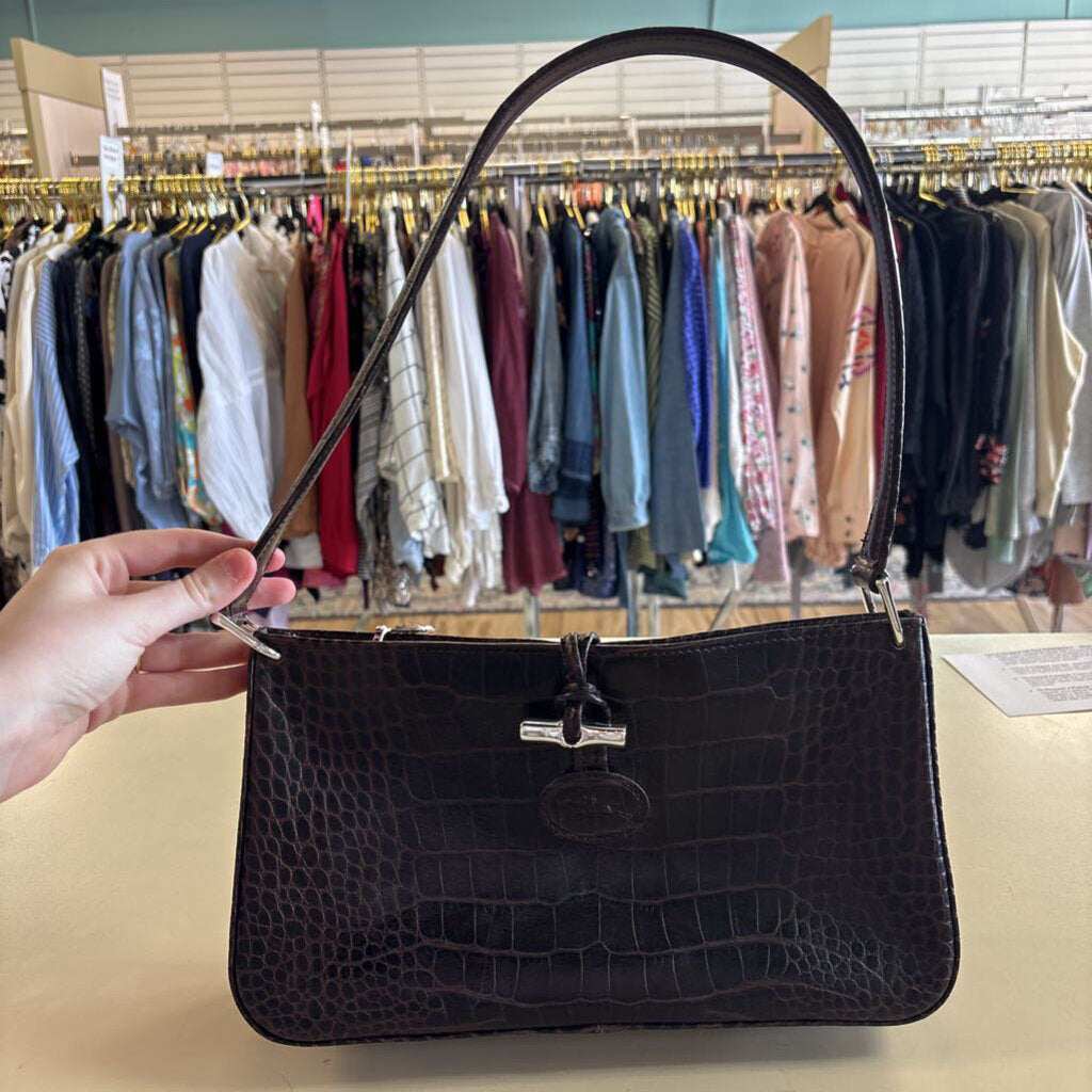 Longchamp Brown Crocodile Leather Roseau Baguette Purse