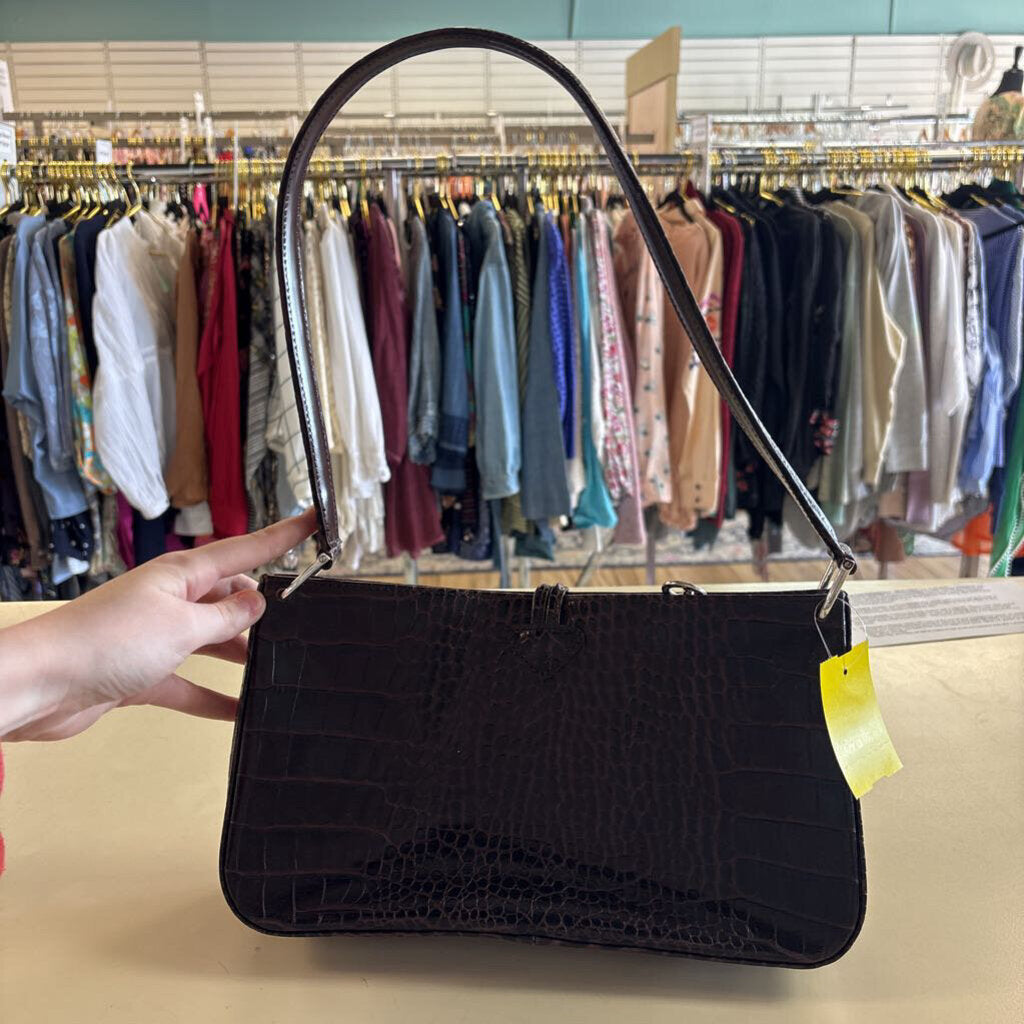 Longchamp Brown Crocodile Leather Roseau Baguette Purse