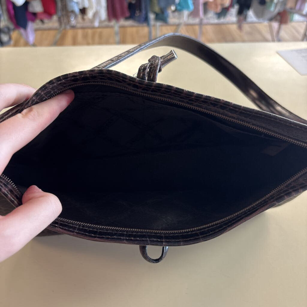 Longchamp Brown Crocodile Leather Roseau Baguette Purse