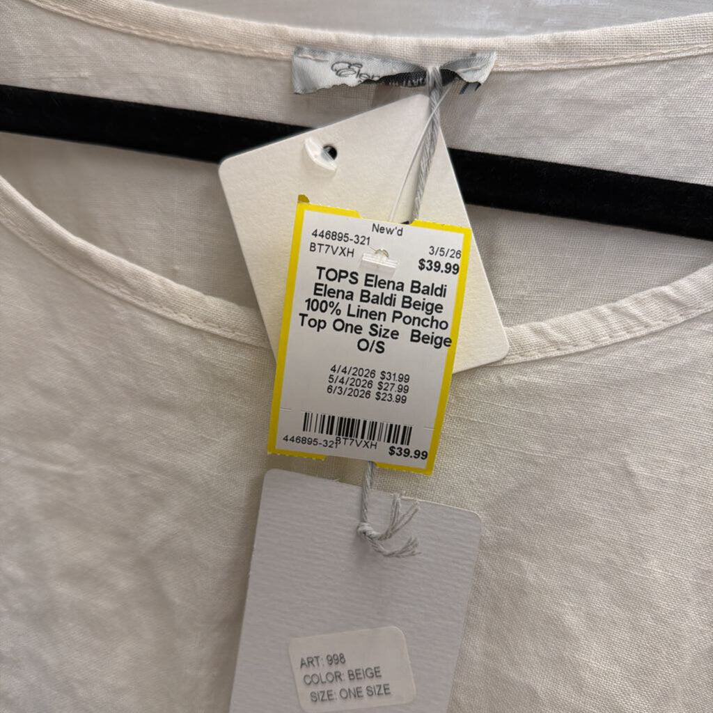 Elena Baldi Beige 100% Linen Poncho Top One Size