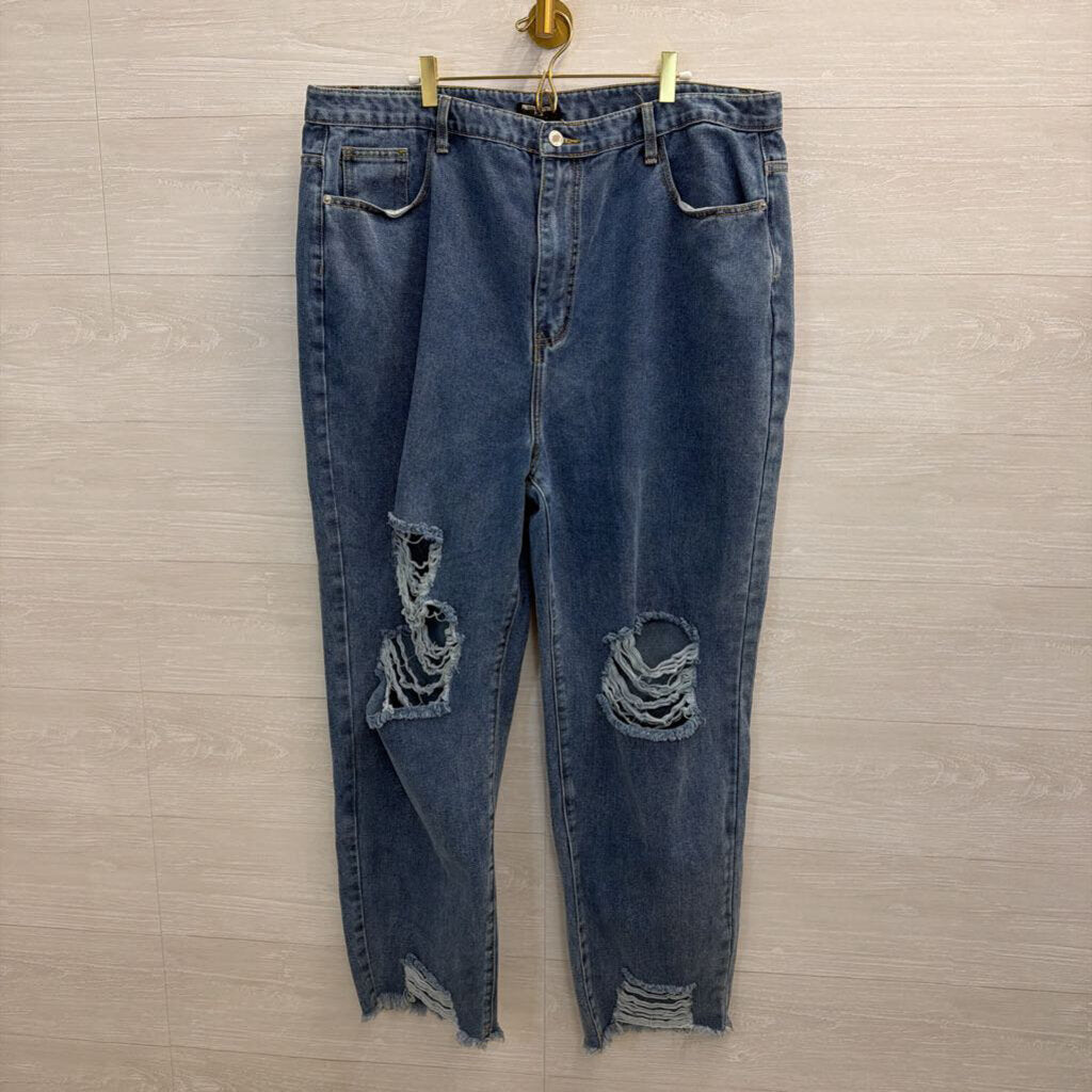 Pretty Little Thing Plus Medium Wash Distressed Wide Leg Jeans 18W
