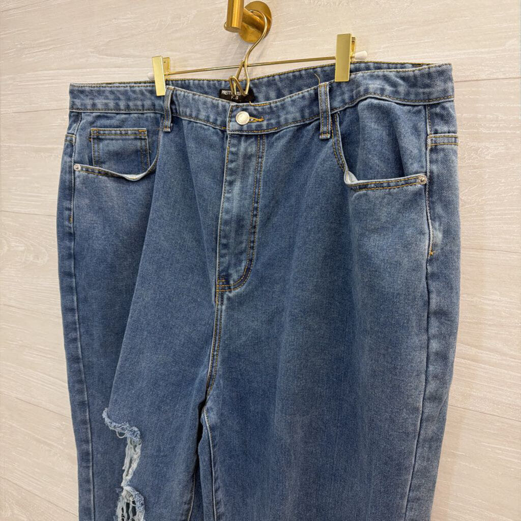 Pretty Little Thing Plus Medium Wash Distressed Wide Leg Jeans 18W