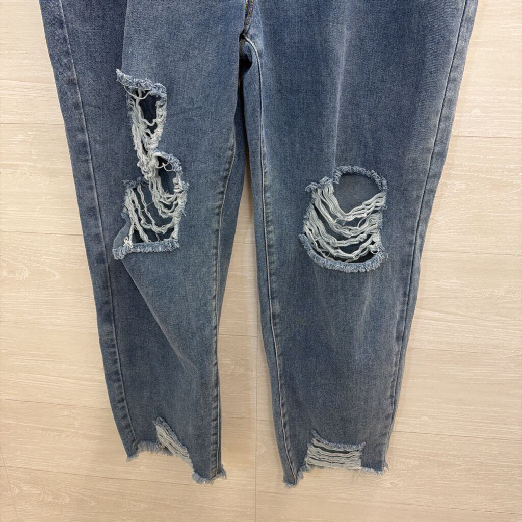Pretty Little Thing Plus Medium Wash Distressed Wide Leg Jeans 18W
