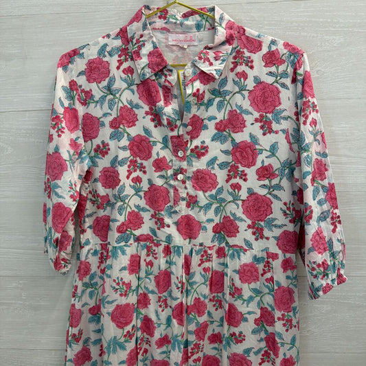 Mary Marshmallow White/ Pink Floral Print Long Sleeve Midi Dress Small