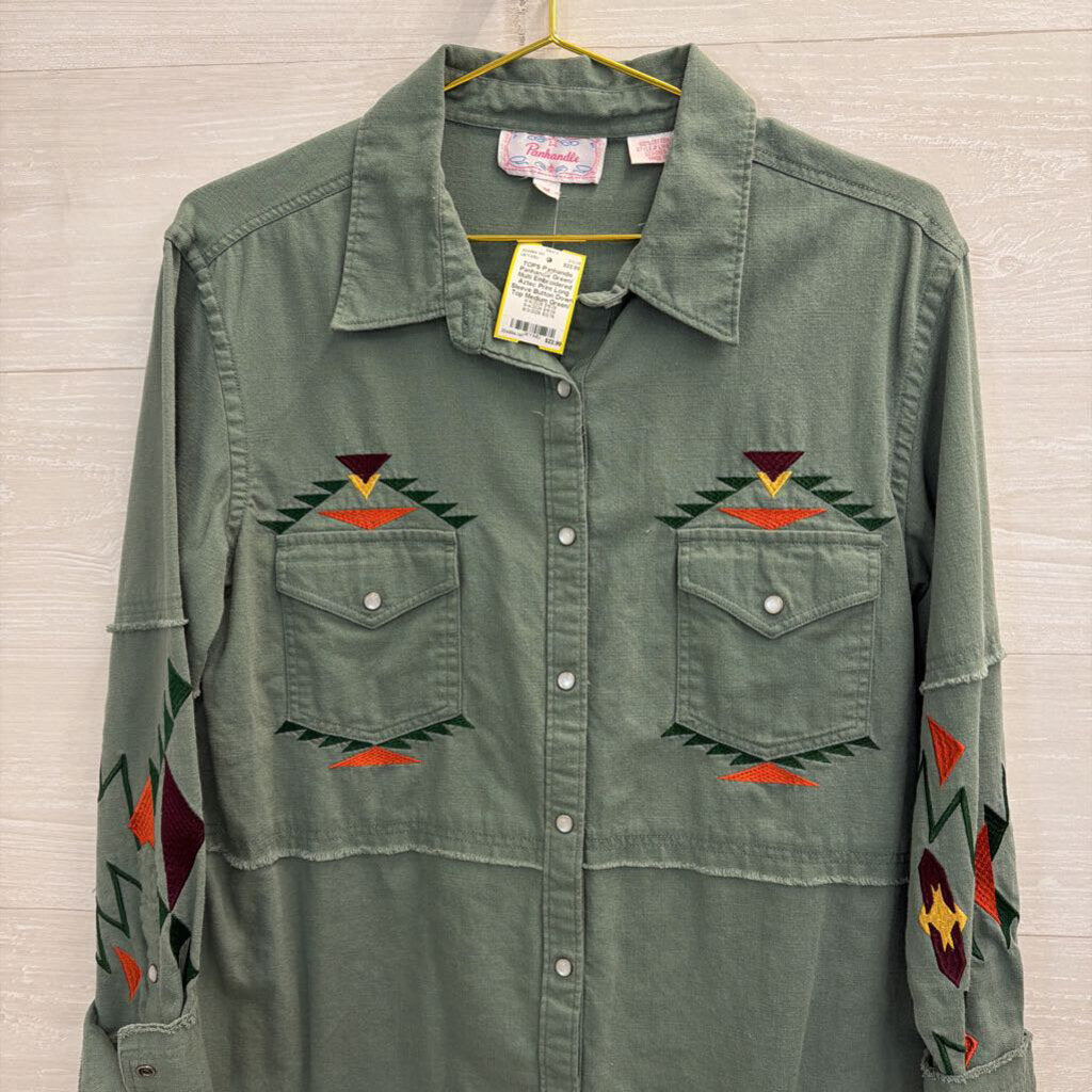 Panhandle Green/ Multi Embroidered Aztec Print Long Sleeve Button Down Top Medium