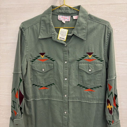 Panhandle Green/ Multi Embroidered Aztec Print Long Sleeve Button Down Top Medium
