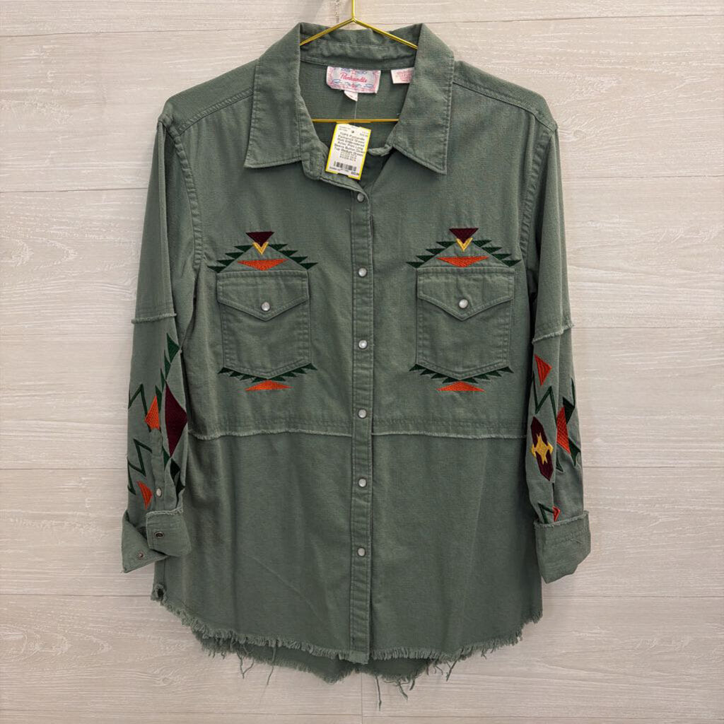 Panhandle Green/ Multi Embroidered Aztec Print Long Sleeve Button Down Top Medium