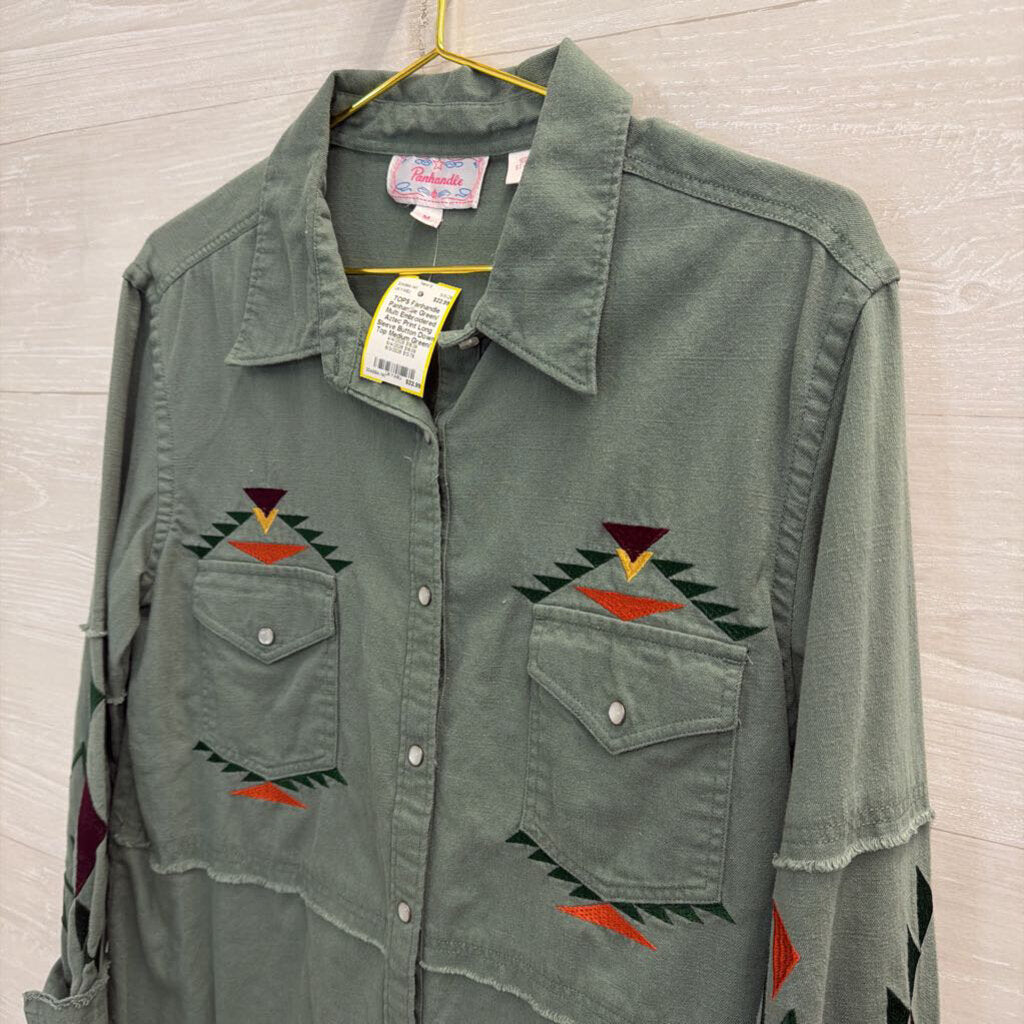 Panhandle Green/ Multi Embroidered Aztec Print Long Sleeve Button Down Top Medium
