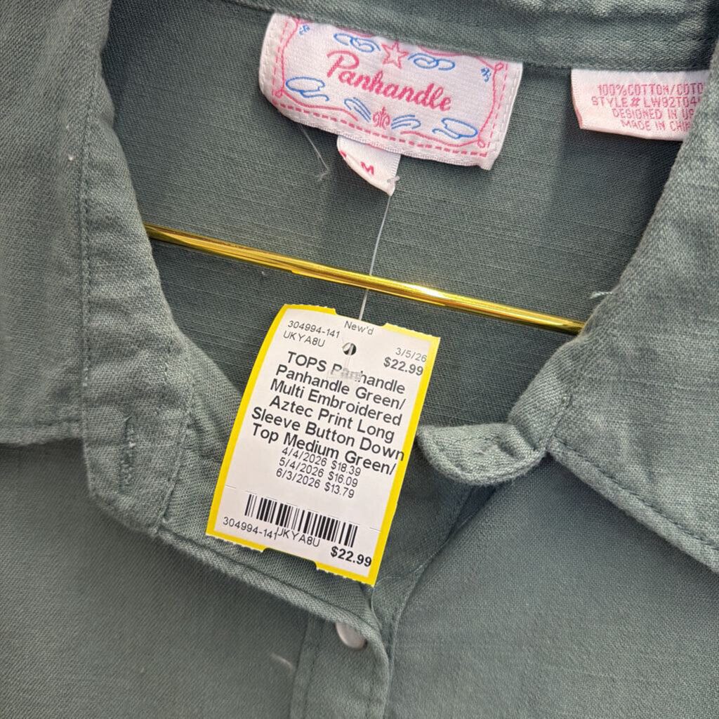 Panhandle Green/ Multi Embroidered Aztec Print Long Sleeve Button Down Top Medium